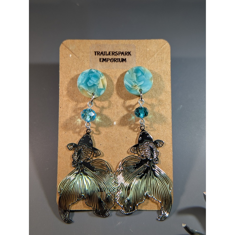 Trailerspark Emporium Koi Fish Drop Earrings Blue Acrylic Stainless Steel Charm
